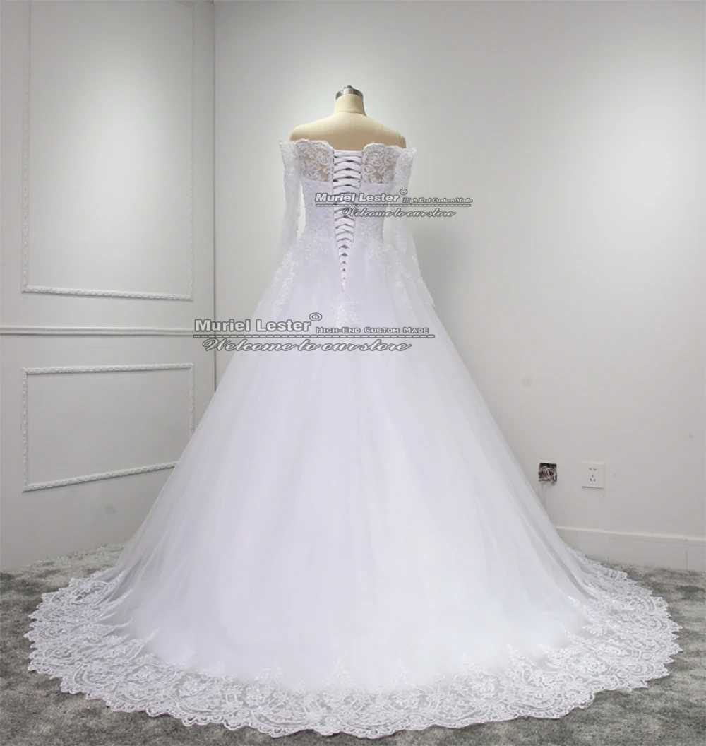 Robe de mariée blanche ligne A pour femme, photo réelle, appliques à manches longues, perles, patients formels, tout ce qui est sur mesure, robe à lacets dans le dos