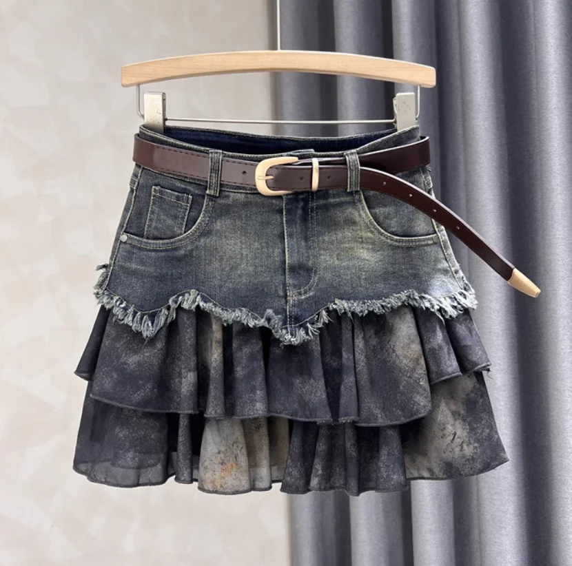 

Summer spliced denim skirt for women, fashionable high waist slimming short skirt