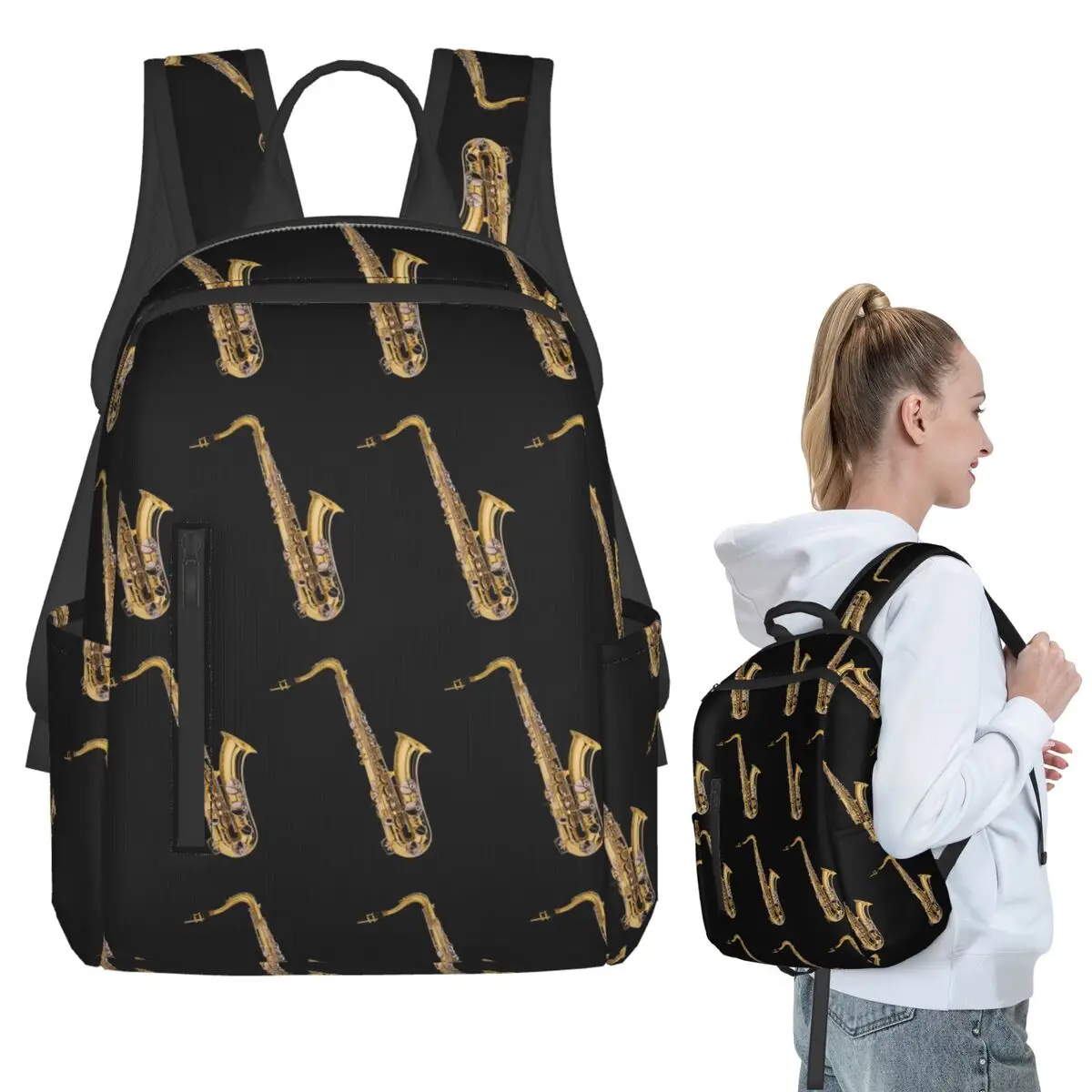 

Saxophonist Saxophone Pattern Black Backpack Student BookBag Kids School Bag Computer Shoulder Bags Boys Girls