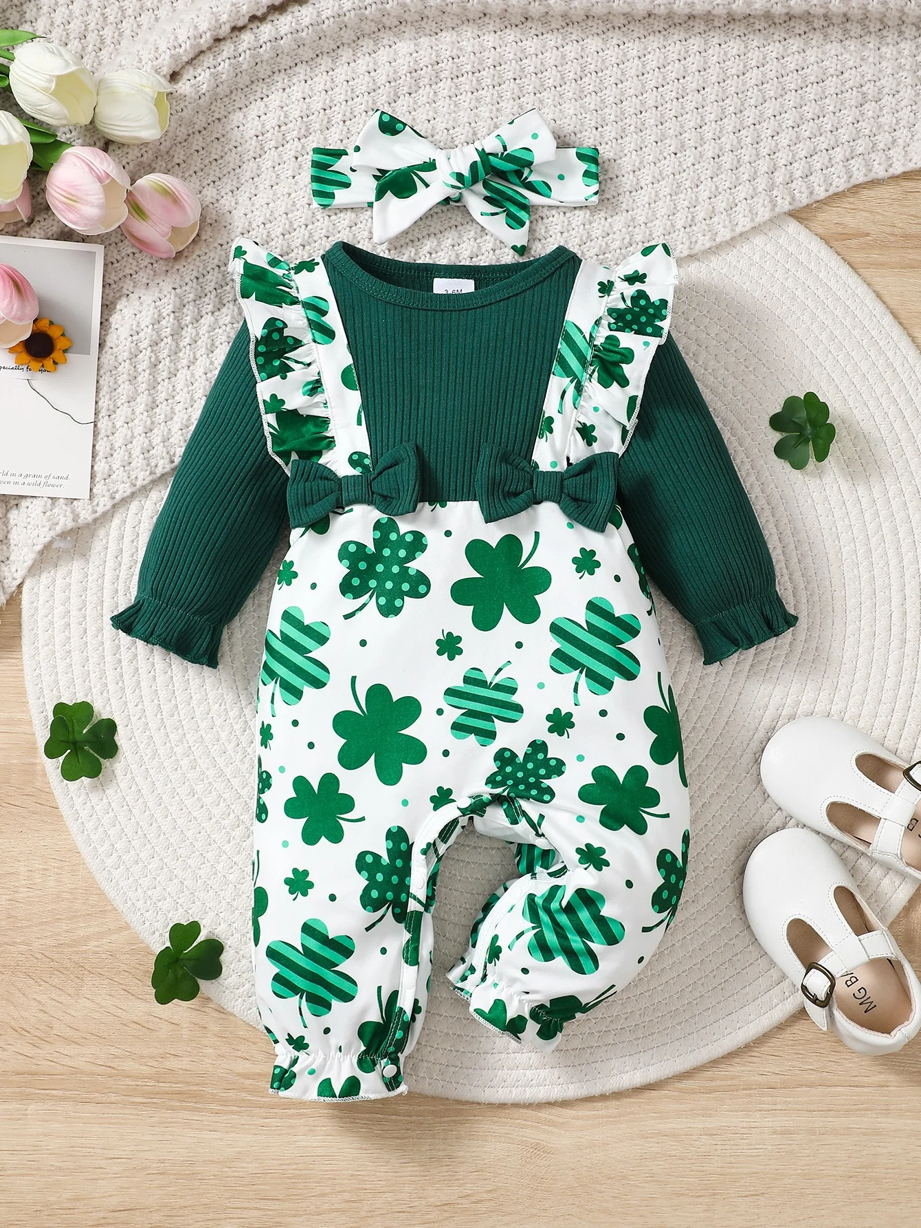 Winter  0-1 Years  Old  Infant  Baby  Girls  Long  Sleeved  Four  Leaf  Clover  Print   jumpsuit