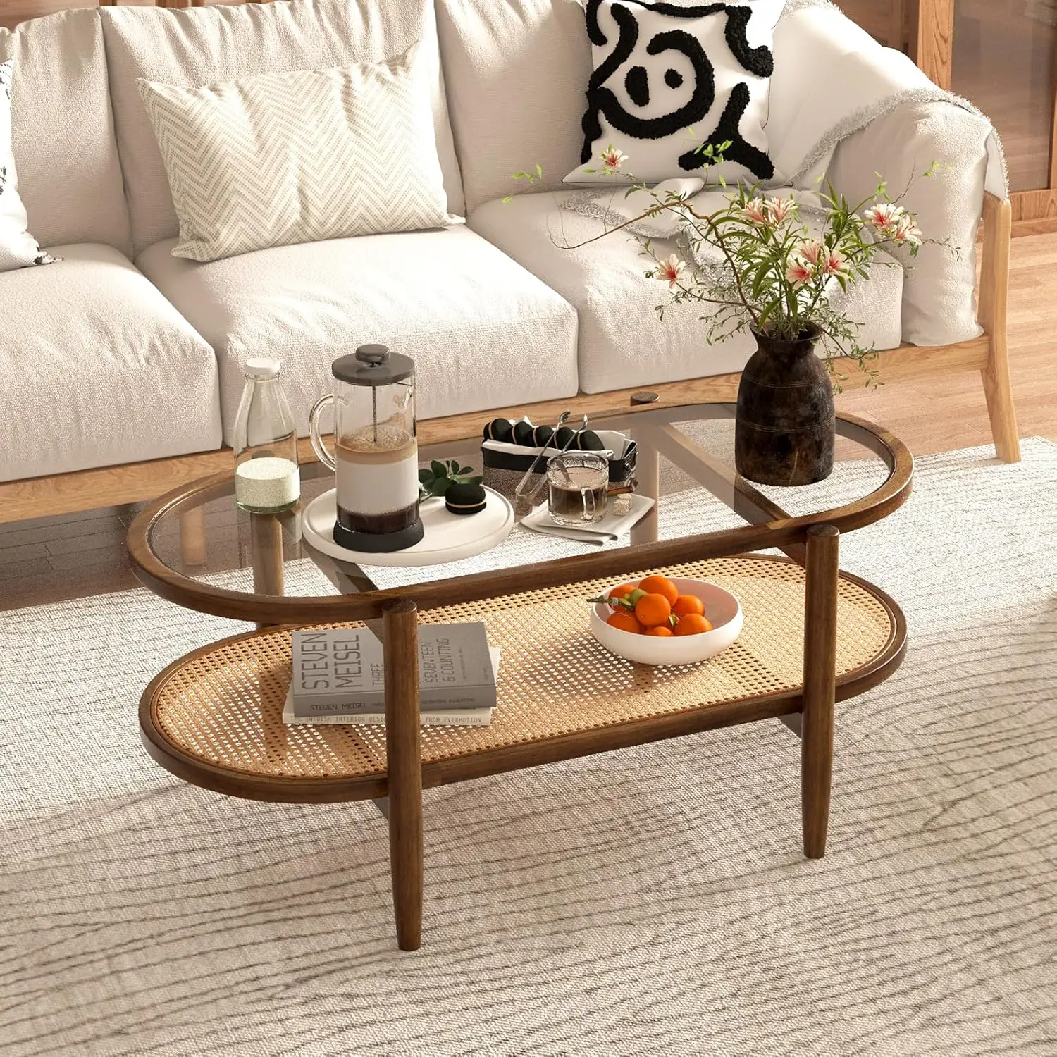 

Coffee Table, 2-Tier Center Table With Tempered Glass Tabletop & PE Rattan Storage Shelf, Mid Century Modern Tea Tab