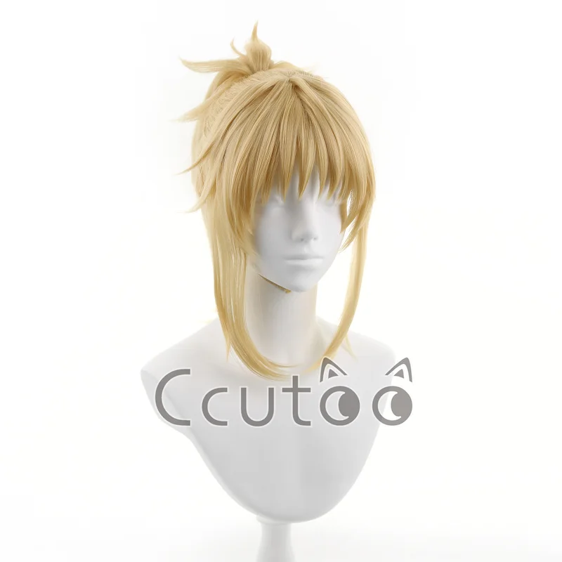 Anime Fate  Apocrypha Mordred Cosplay Wig Halloween Carnival Party Props Golden Synthetic Hair Heat Resistant Fiber + Wig Cap