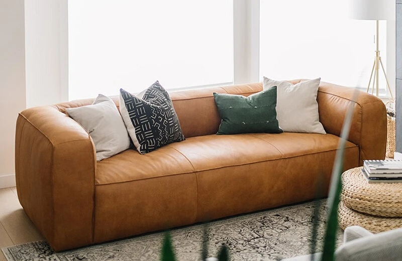 Small apartment leather sofa straight row three-person sofa