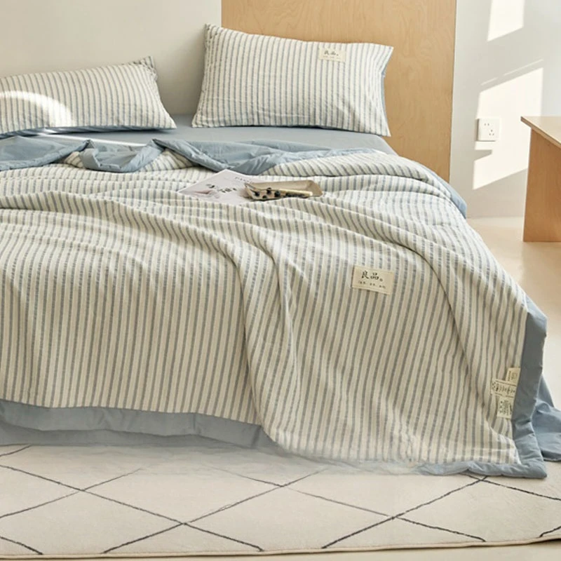 Stripe Cotton Summer Quilt Bed Cover Soya Fibre Filling Thin Comforter Soft Breathable Summer Blanket Bedspread Machine Washable
