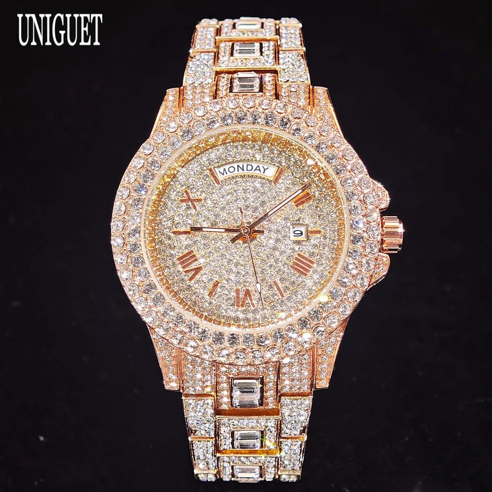 UNIGUET Luxury Diamond Watches Men Fashion Hip Hop Iced Out Bling Jewelry Quartz Wristwatch With Date Week Reloj Hombre Hot Sale