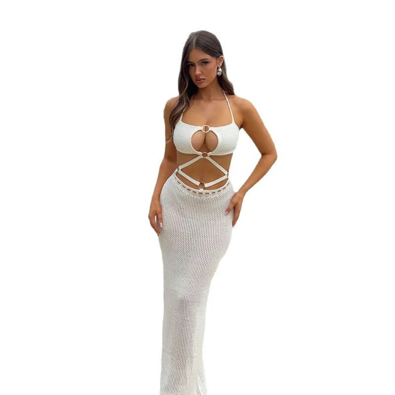 Seksowna, dzianinowa spódnica plażowa z wycięciem, bez ramiączek, z odsłoniętą talią, dopasowanym krojem, owinięta szyją i biodrami