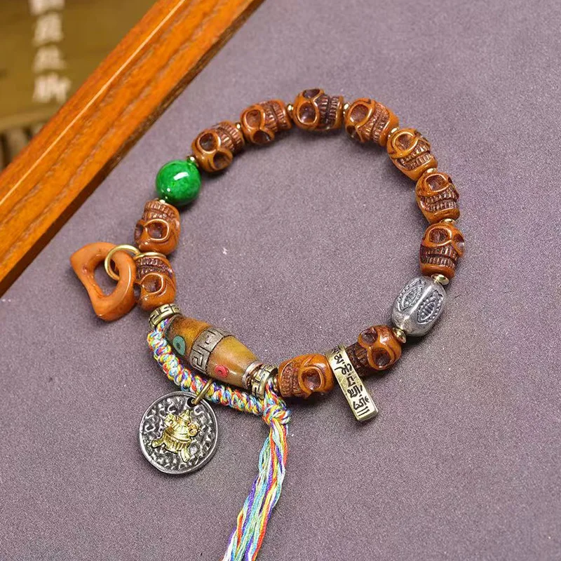 

Backflow Carving Corpse Tuolin Bracelet Tibetan Style Prayer Beads Pseudo-Ginseng Silver Feeder Turquoise Yak Bone