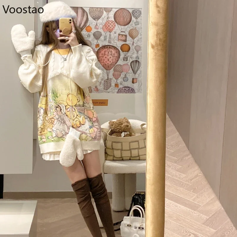 Sweet Knitted Pullovers Autumn Winter Women Kawaii Cartoon Print Tassels Sweater Coat Girls Cute Loose Knitwear Jumpers Tops