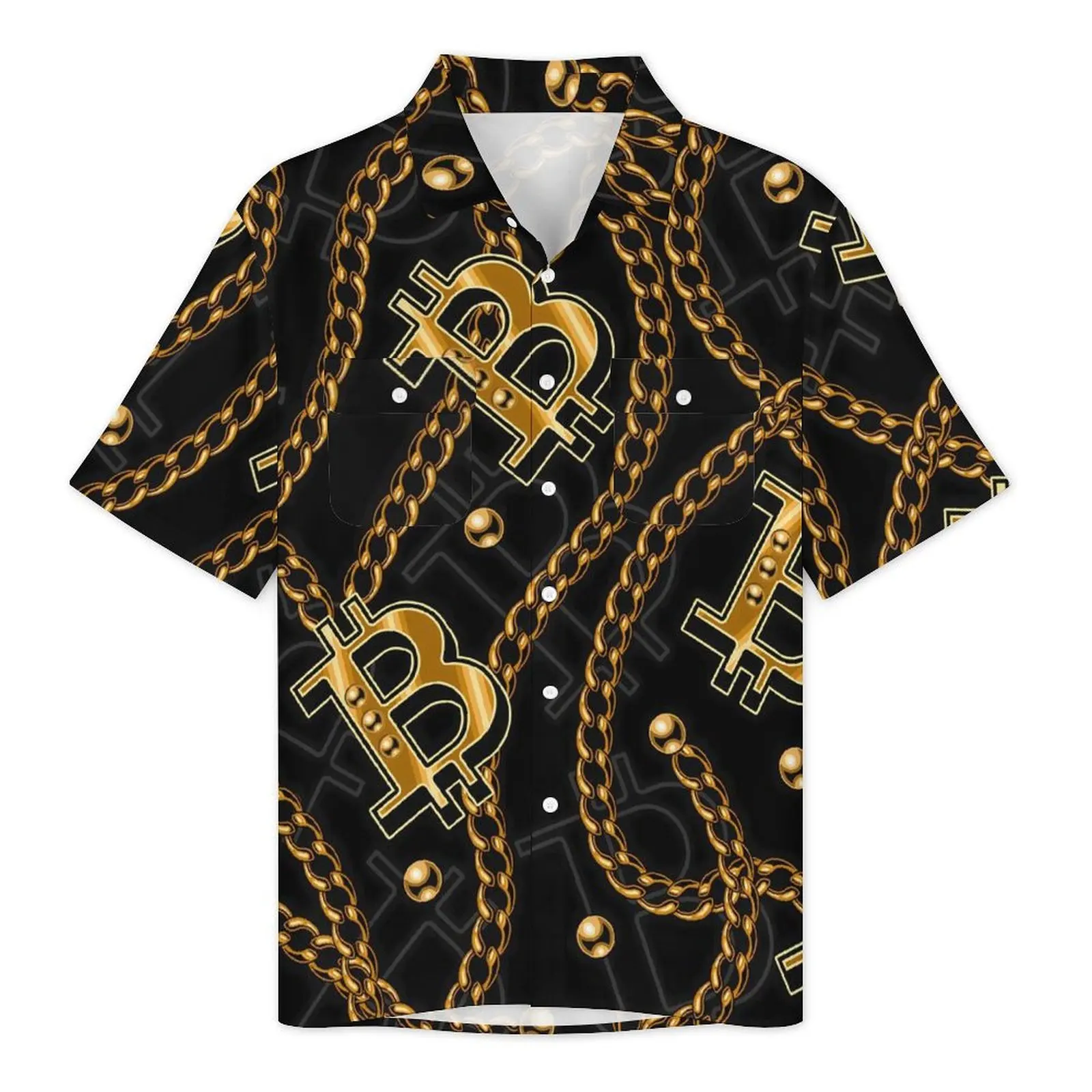 Gold Chains Print Beach Shirt Male Bitcoin Blockchain Novelty Casual Shirts Summer Short Sleeves Harajuku Plus Size 5XL Blouses