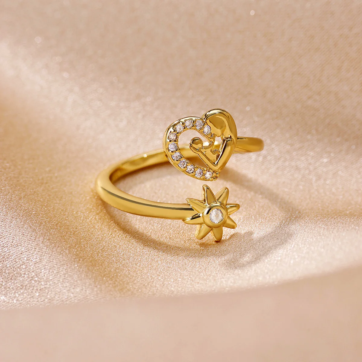 Heart Shape Mother Baby Rings For Women 18k Gold-plated Adjustable Zircon Sun Ring Family Jewelry Mother's Day Gift For Mom Mama