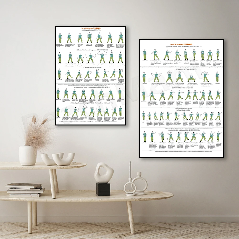 Chinese traditional health-preserving exercises print, Tai Chi ten-style printing, dynamic and static, smooth air flow poster