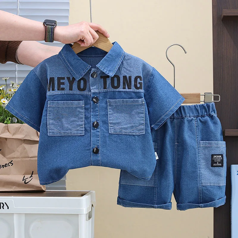 

2Piece Sets 2025 Summer Baby Boy Clothes Korean Fashion Letter Denim Short Sleeve Blue Tops+Shorts Boutique Kids Clothing B165