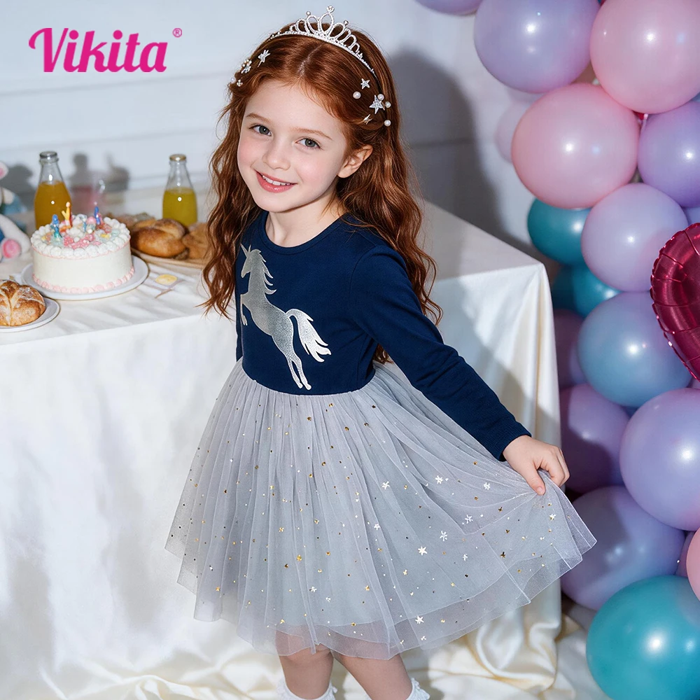 VIKITA Girls Licorne Print Long Sleeve Dress Kids Navy Blue Star Sequins Mesh Tulle Autumn Spring Princess Elegant Vestidos