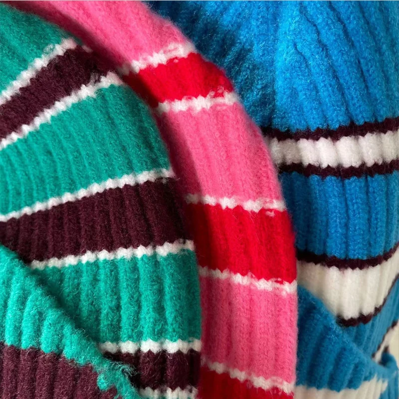 2022 New Ins Winter Loose Neutral Striped Knit Beanies Fall Ear Protection with Color Wool Cap Hip-hop Warm Round Top Skullies