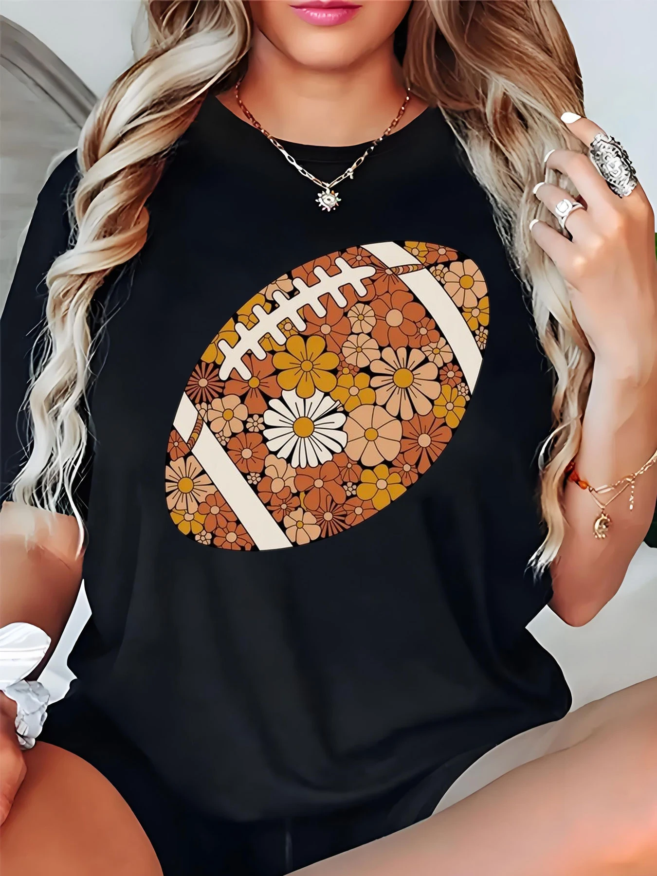 

Women's Thanksgiving Floral Football Print T-Shirt