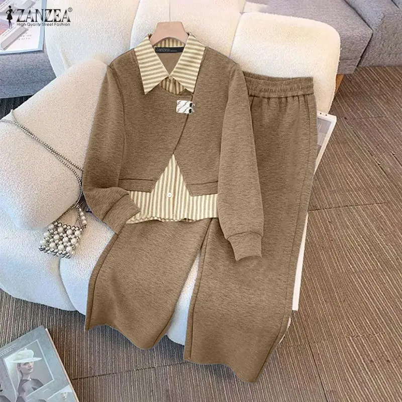 

Женские элегантные брючные костюмы ZANZEA, модные полосатые рубашки с длинными рукавами и лоскутным узором, длинные брюки с эластичной резинкой на талии, повседневные свободные комплекты из 2 предметов