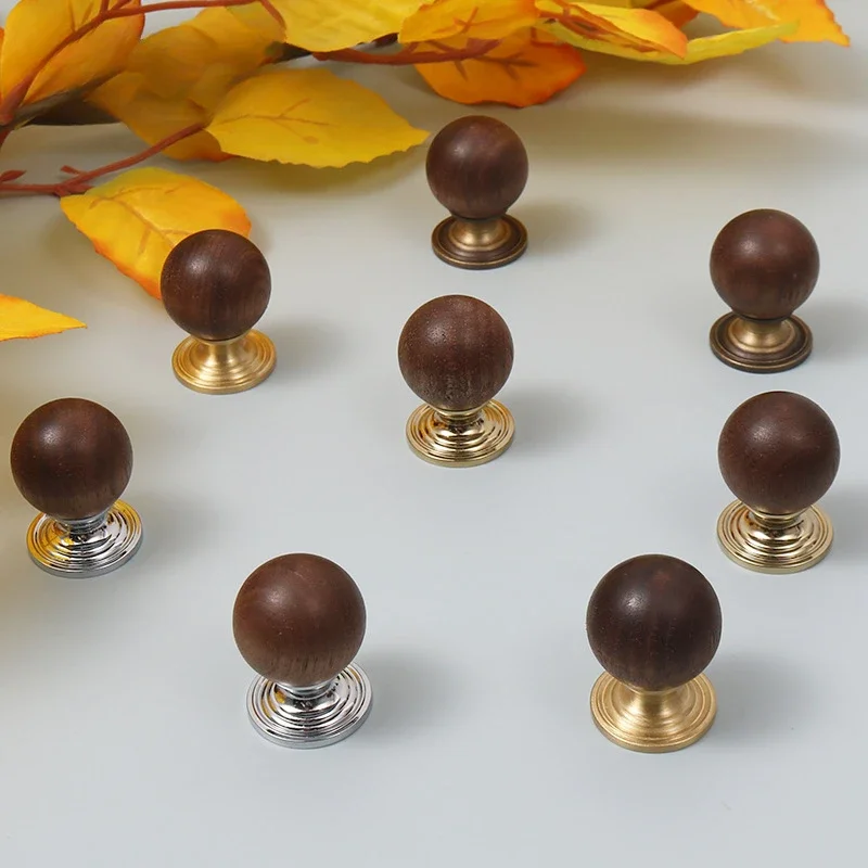 yesBrass Base Walnut Nordic Vintage Handles for Wooden Furniture Luxury Sphere Cabinet Knobs and Handles Wardrobes Drawer Dresse