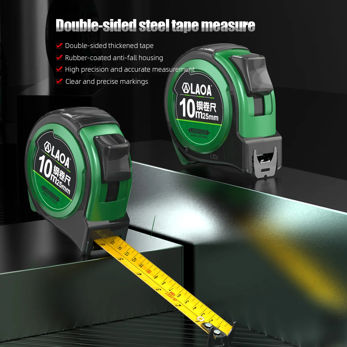 LAOA Industrial Grade Shockproof Double Sided Steel Tape Measure 10m Durable Construction Tool for Professionals and DIY