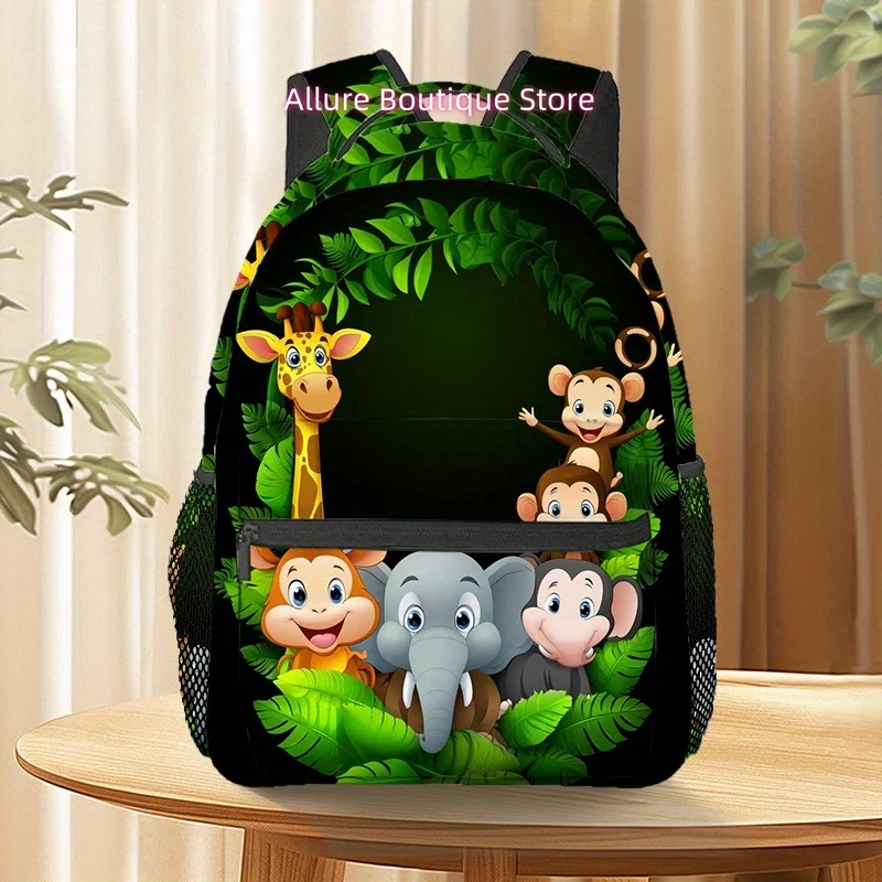 Cartoon Jungle Animals Print Travel Backpack - Large Capacity Lightweight Laptop Backpack with Adjustable Straps & Multiple Comp