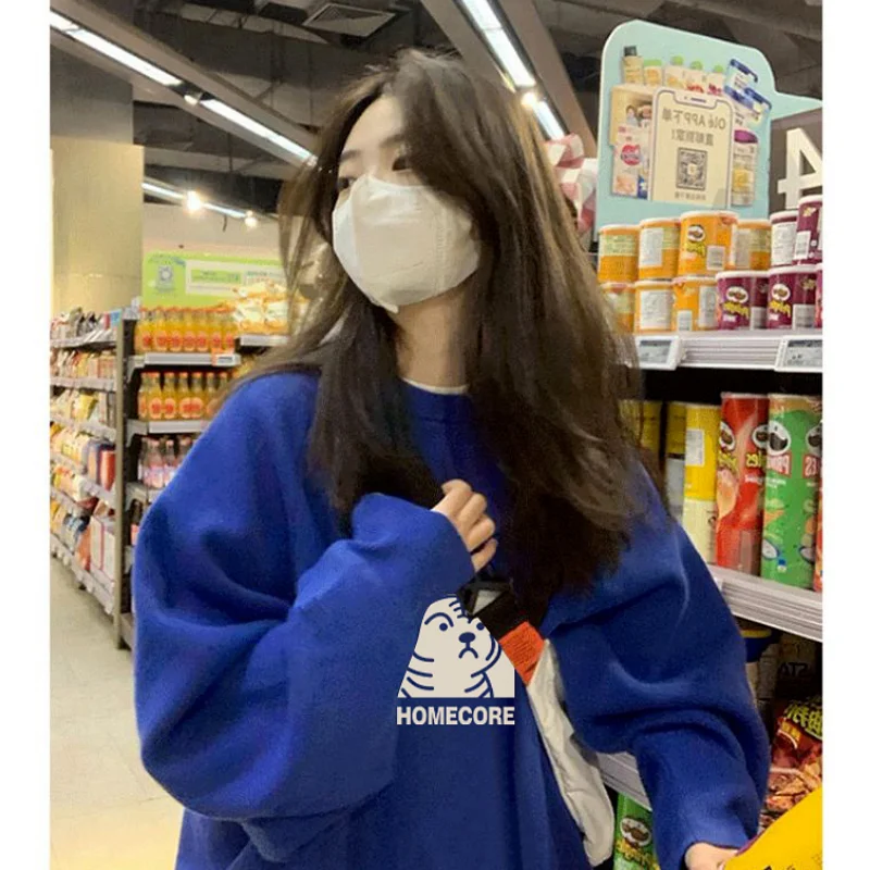 Korean Blue New Crew Baggy Sweatshirt Women Fleece Thicken Fashion Interest Printing Street Lazy Wind Long Sleeves Pullover Top