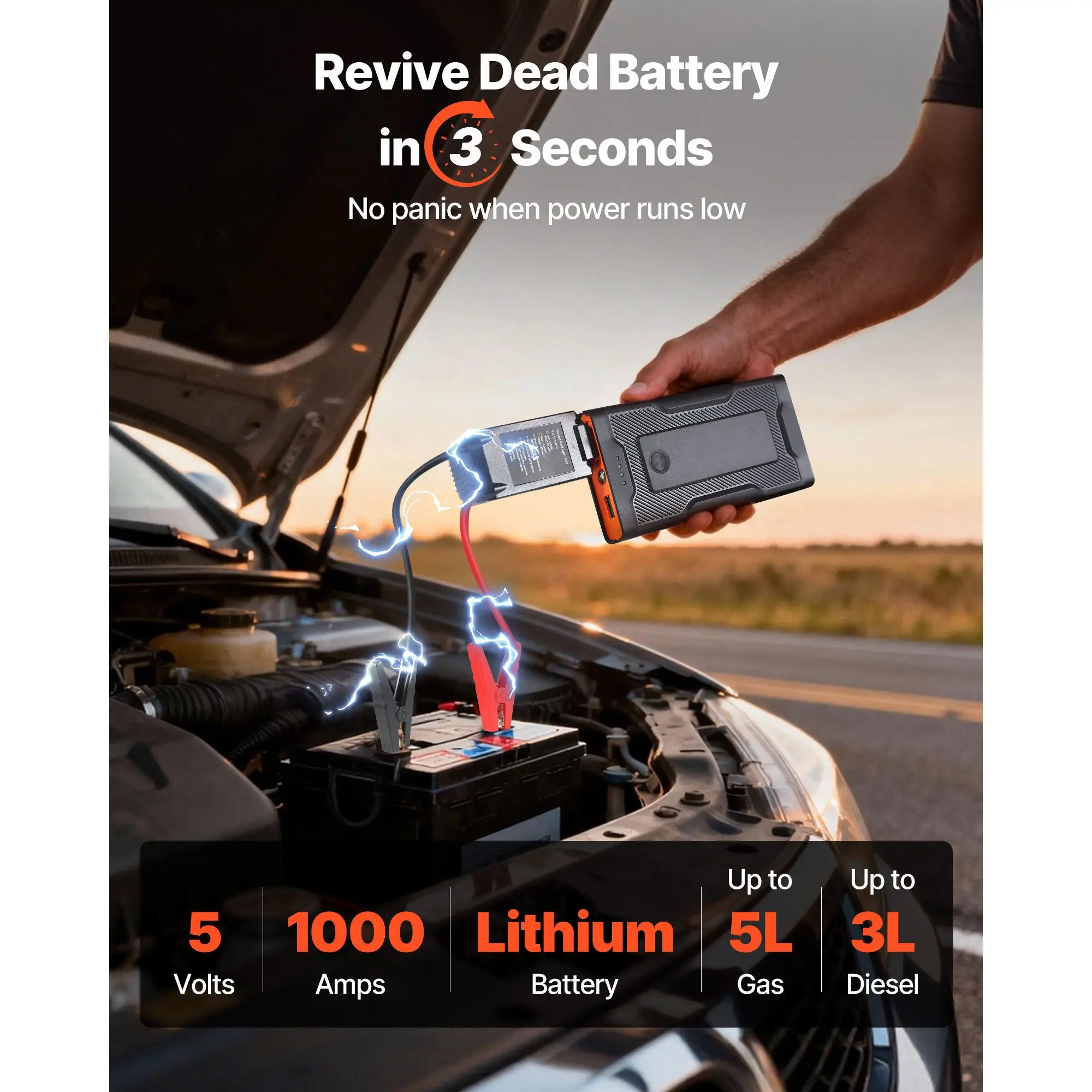 Jump Starter, 1000A Peak, Car Jumper Battery Pack, 12V Portable Lithium Booster, Box Power Bank with 3 Modes Flashlight and