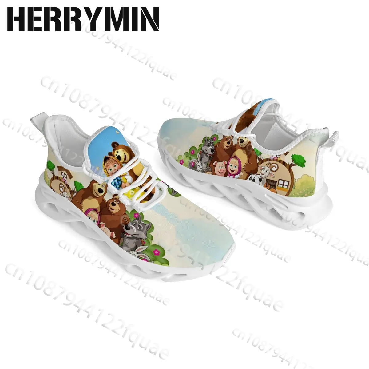Boys Girls Kids Cartoon Animal Group Print Sneakers Masha The Bear Cute Running Shoes Children Outdoor Flat Shoes Suitable Gift