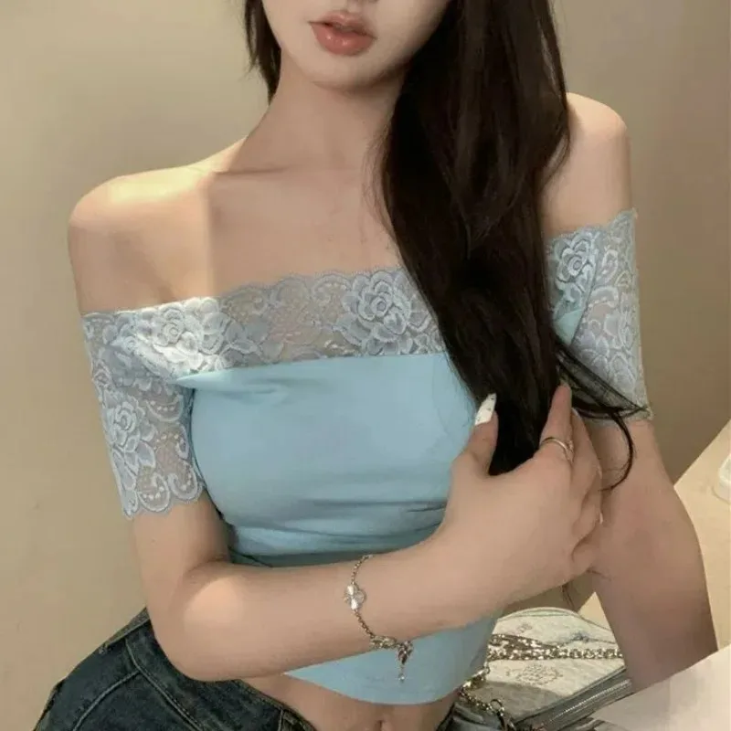 Women Clothing Summer Sexy Off Shoulder Lace Patchwork Skinny Crop Tops Y2K Female Casual Sweet Solid Short Sleeve Basic T Shirt