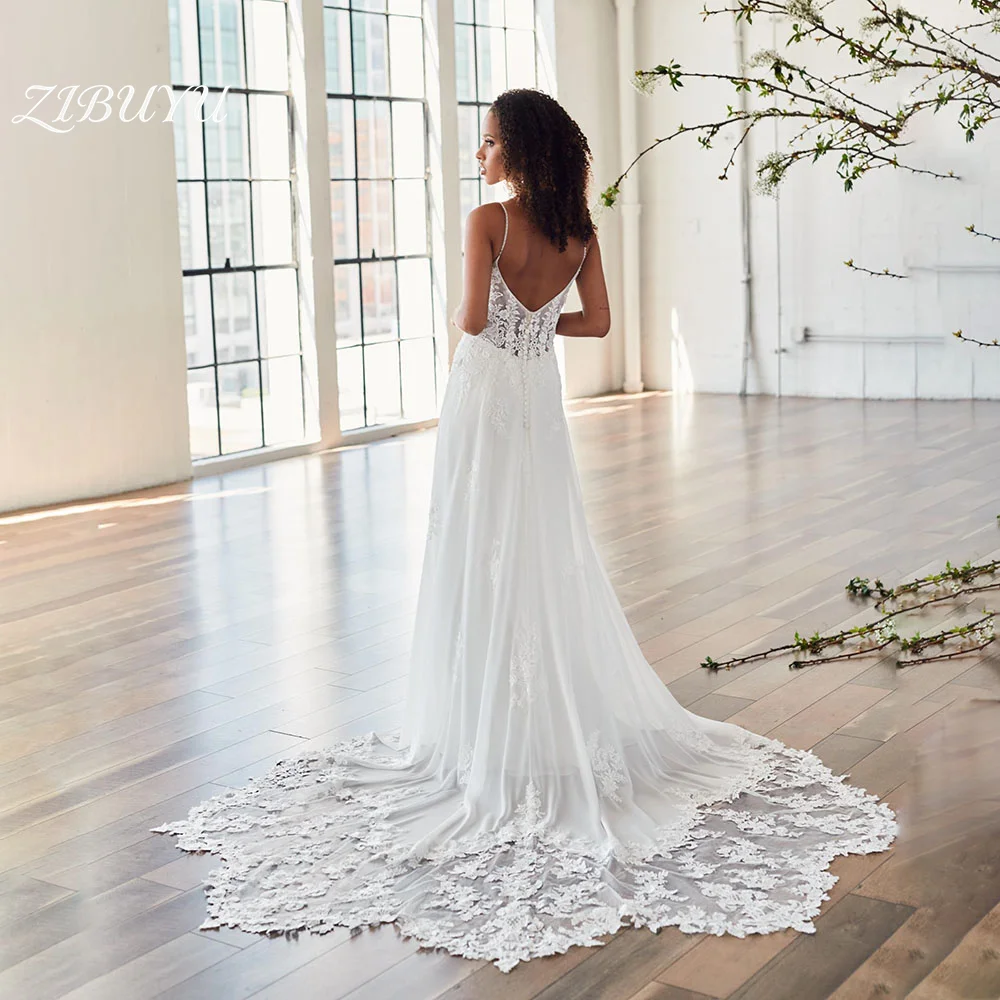 

ZIBUYU Customized Elegant Romantic Wedding Dress Spaghetti Straps V Neck Lace Applique Backless Sleeveless A-Line Bridal Gown