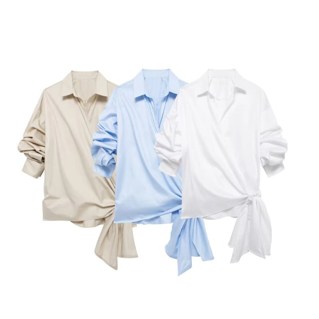 Tangada 2024 Women Solid Oversized Wrap Shirt Long Sleeve Bow Female Cotton Blouse Tops 3H0688