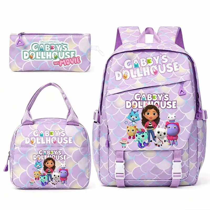 

for Gabby's Dollhouse Set Three-piece Backpack Set Including Large-capacity Schoolbag Thermal Meal Bag Stationery Bag gift