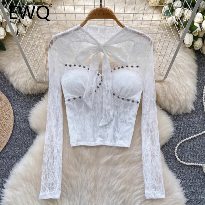 EWQ Korean Chic Bow Lace-up Rivet Design Lace Tops All-match Sexy Spicy Girl Slim Pullover Top 2025 Spring New Fashion 27X2055