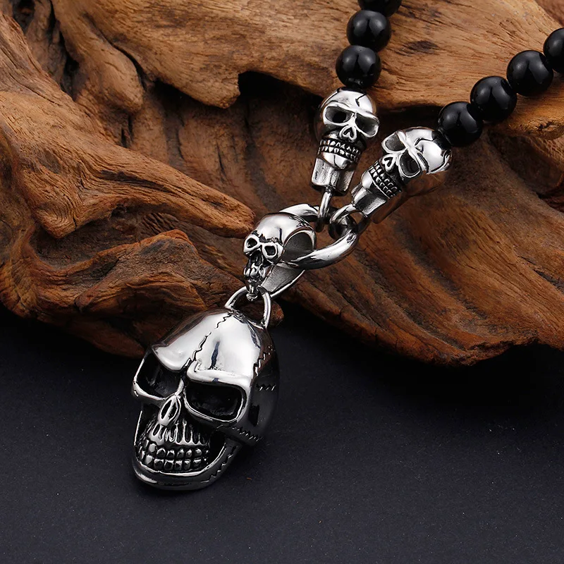 Punk Retro Skeleton Skull Necklaces & Pendant Hiphop Rock Stainless Steel Black Bead Cross Necklace Jewelry For Men Women