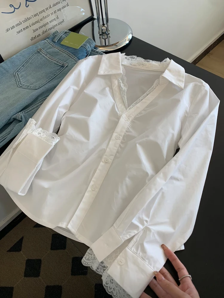 

White Lace Splice Shirt Women's Fashion Spring Autumn Unique Design Self-Keeping Popular Style French Style Slim Fit Long Sleeve
