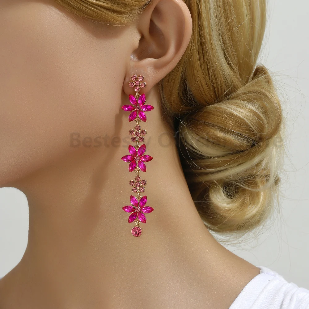Colorful Crystal Leaf Long Pendant Flower Dangle Earrings For Women Boho Luxury Design Party Prom Clothing Matching Jewelry Gift