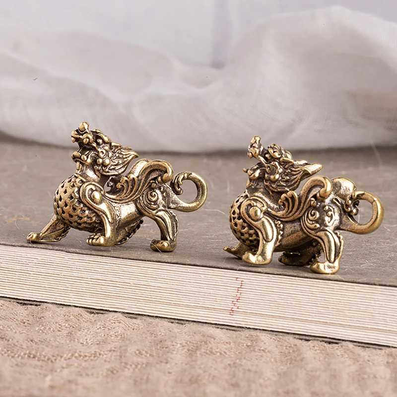 1PC Statue Figurine Wealth Brass Decor Prosperity Chinese Style Ornament Qilin Dragon Luck Animal Fengshui Vintage