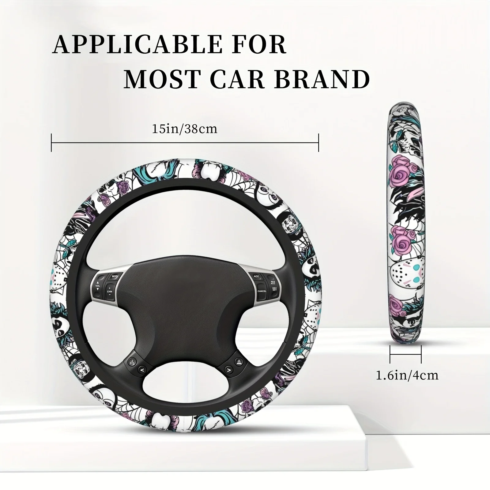 Halloween Horror Movie Floral Pattern Steering Wheel Cover, Thickened Neoprene, 15-Inch, Fits Sedans, SUVs, And More, Halloween