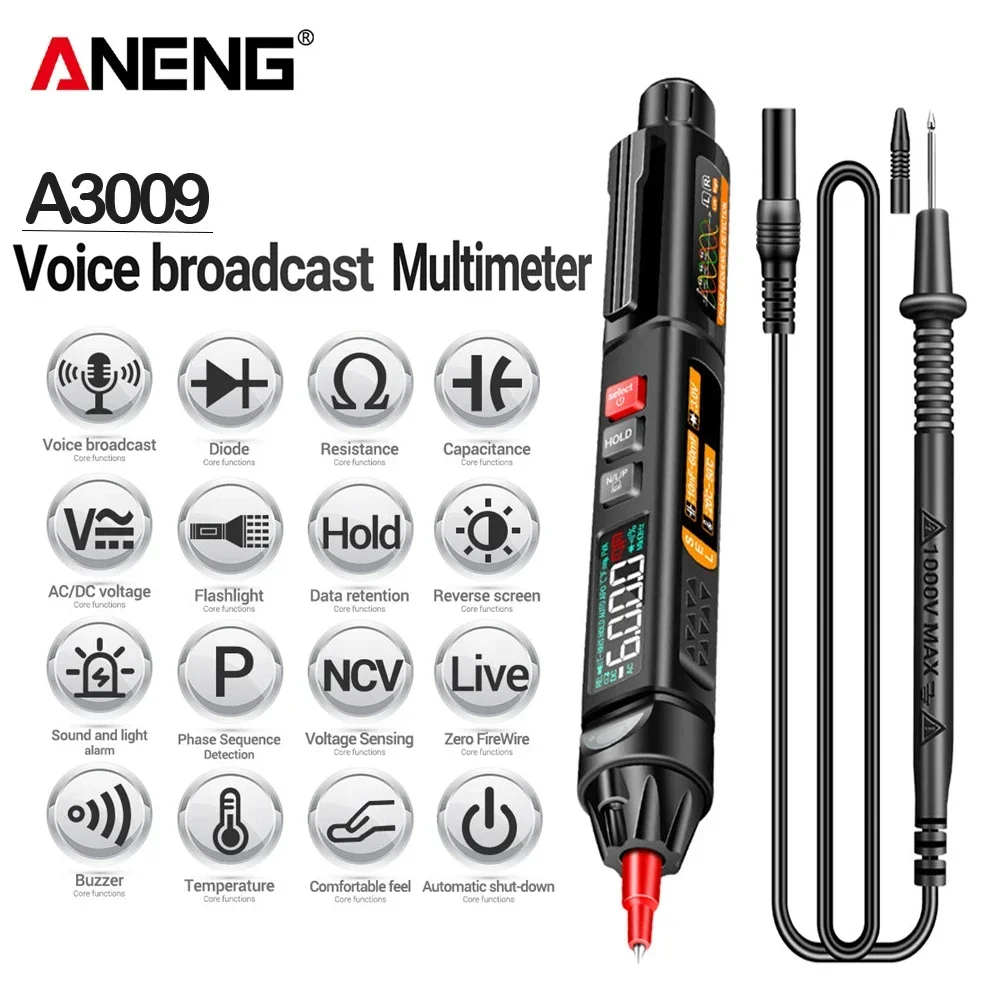 ANENG A3009 البث الصوتي الذكية المتعدد القلم 6000 التهم التيار المتناوب/تيار مستمر الجهد المقاومة ديود NCV التعريفي المهنية تستر #2