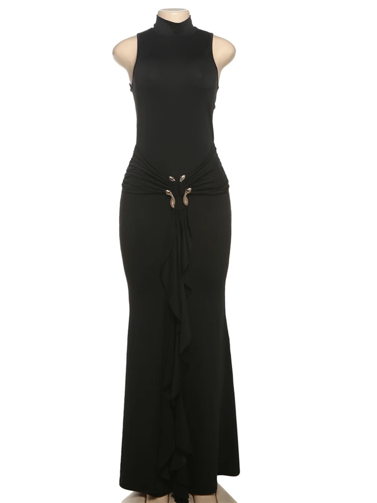 Whatiwear Metalen Gesp Patchwork Maxi Jurk Vrouwen Coltrui Mouwloos Lint Middernacht Prom Banket Elegante Skinny Vestidos