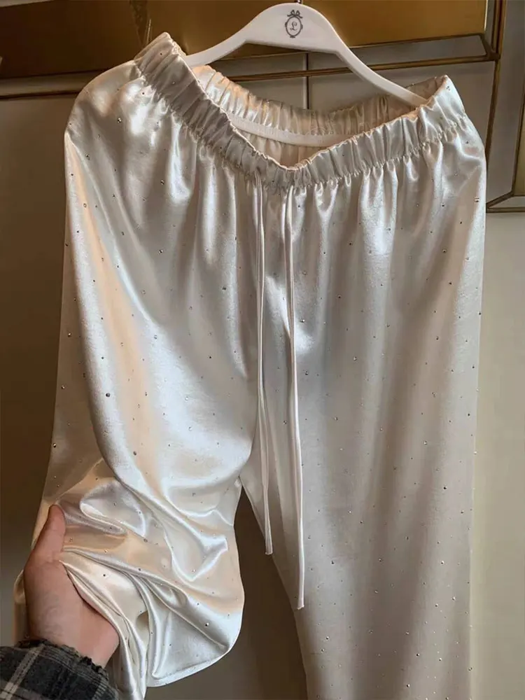 

Satin hot pressed diamond wide leg pants women's summer new style high-end fashion slim hanging straight leg casual pants