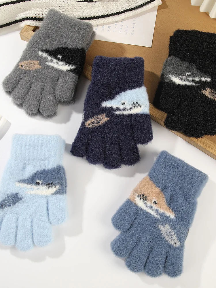 Thickened Winter Gloves for Boys Elementary School Students Cycling Warm Woolen Finger Gloves Special for School Use