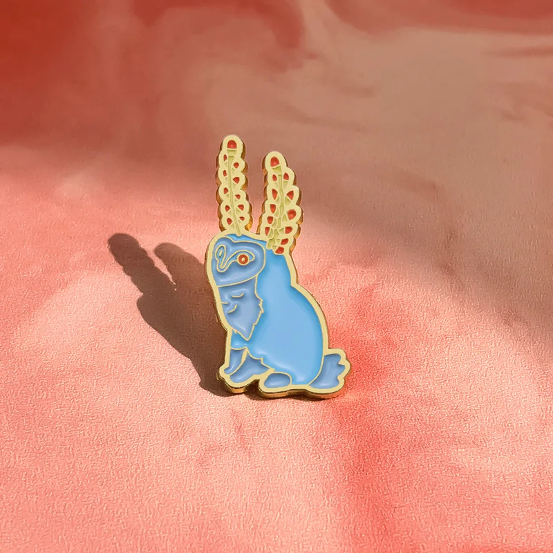 Cute Medieval Illustration Rabbit Enamel Pin Brooch Blue Wheat Ear Design Lapel Badge for Art Lovers Backpack Accessories view 5