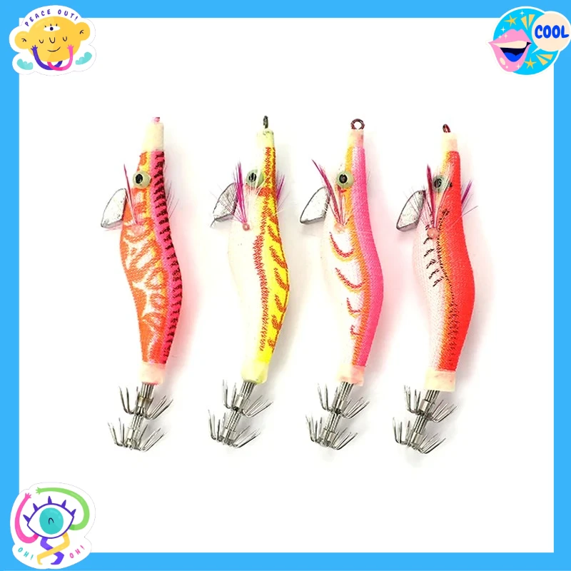 مجموعة مكونة من 4 قطع/صضيب صيد الحبار مع الروبيان الخشبي، طعوم الحبار والخطبوط المتوهجة، طعم صيد الحبار وإكسسوارات صيد الأسماك