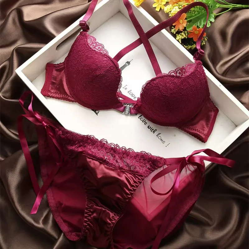 Sexy Lace Bra Set Front-Buckle Backless Push Up Adjustable  Lingerie
