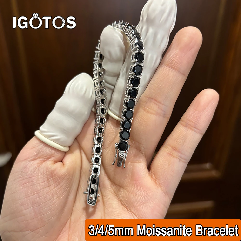 

IGOTOS 3/4/5mm Black Moissanite Tennis Bracelet 925 Sterling Silver Plated White Gold Hiphop Trendy Full Diamond Bangle Jewelry