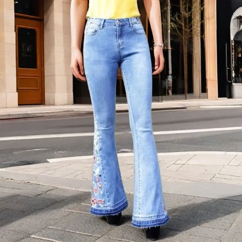

Эластичные расклешенные джинсы, женские широкие брюки с цветочной вышивкой и цветочным принтом, джинсовые брюки с вырезом, модные элегантные расклешенные брюки в стиле ретро
