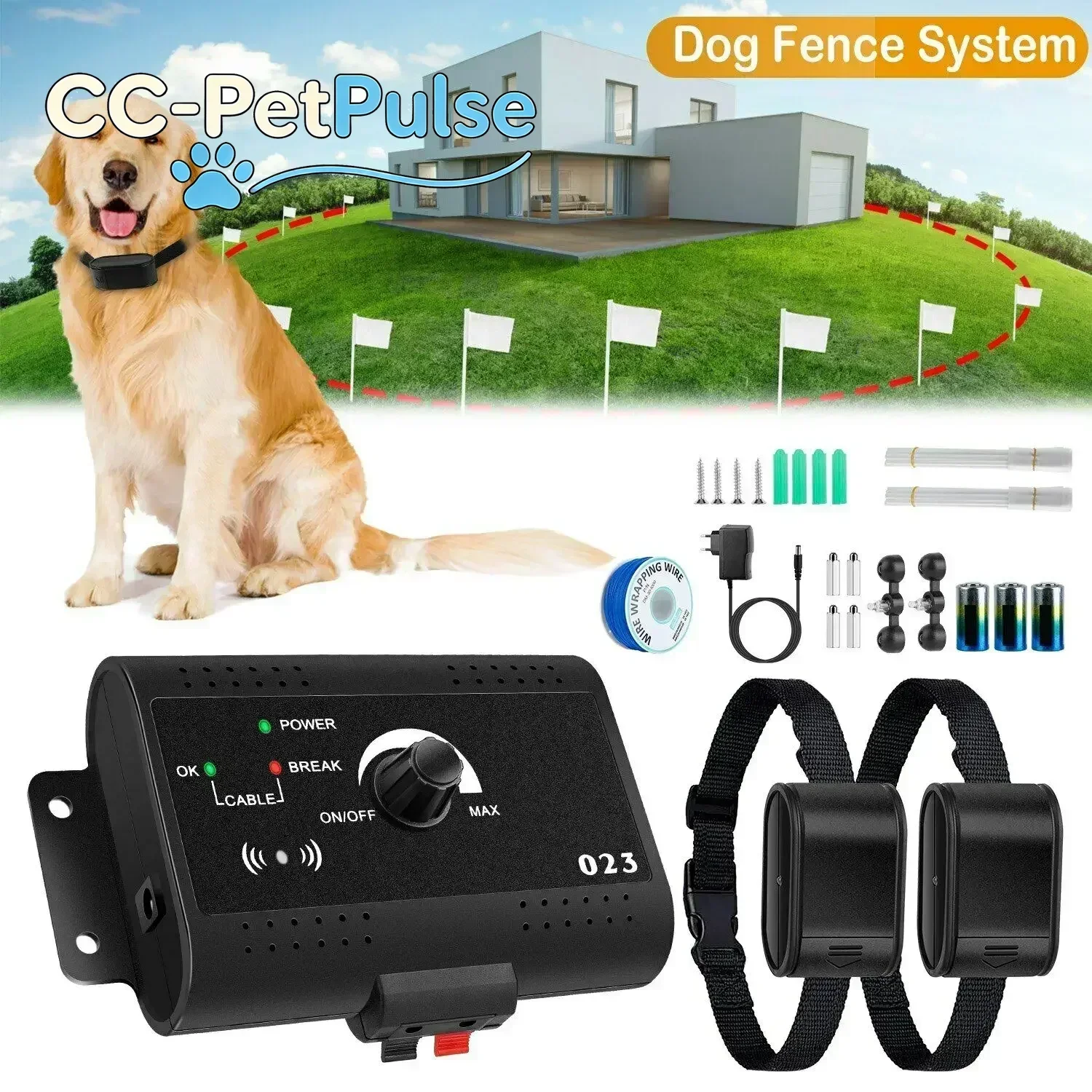CC-PetPulse Dog Fence Containment System, Electric Shock Sound Collar Pet Dog Remote Transmitter Training Collar Pet Supplies