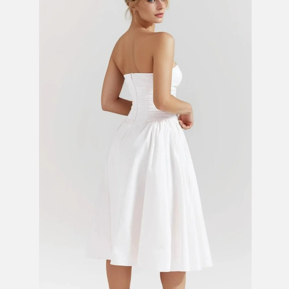 2024 Sexy White Slash Collar Backless Midi Long Strapless Dress Women Folded Low Waist Pleated Ruched Hem Swing Robe Party