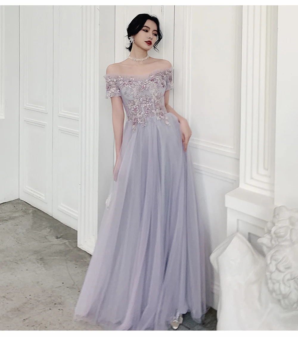 Elegent Purple 4 Styles Bridesmaid Dress Women Off The Shoulder Light Luxury Prom Gown Flower Applique Ruffles A-line Vestido