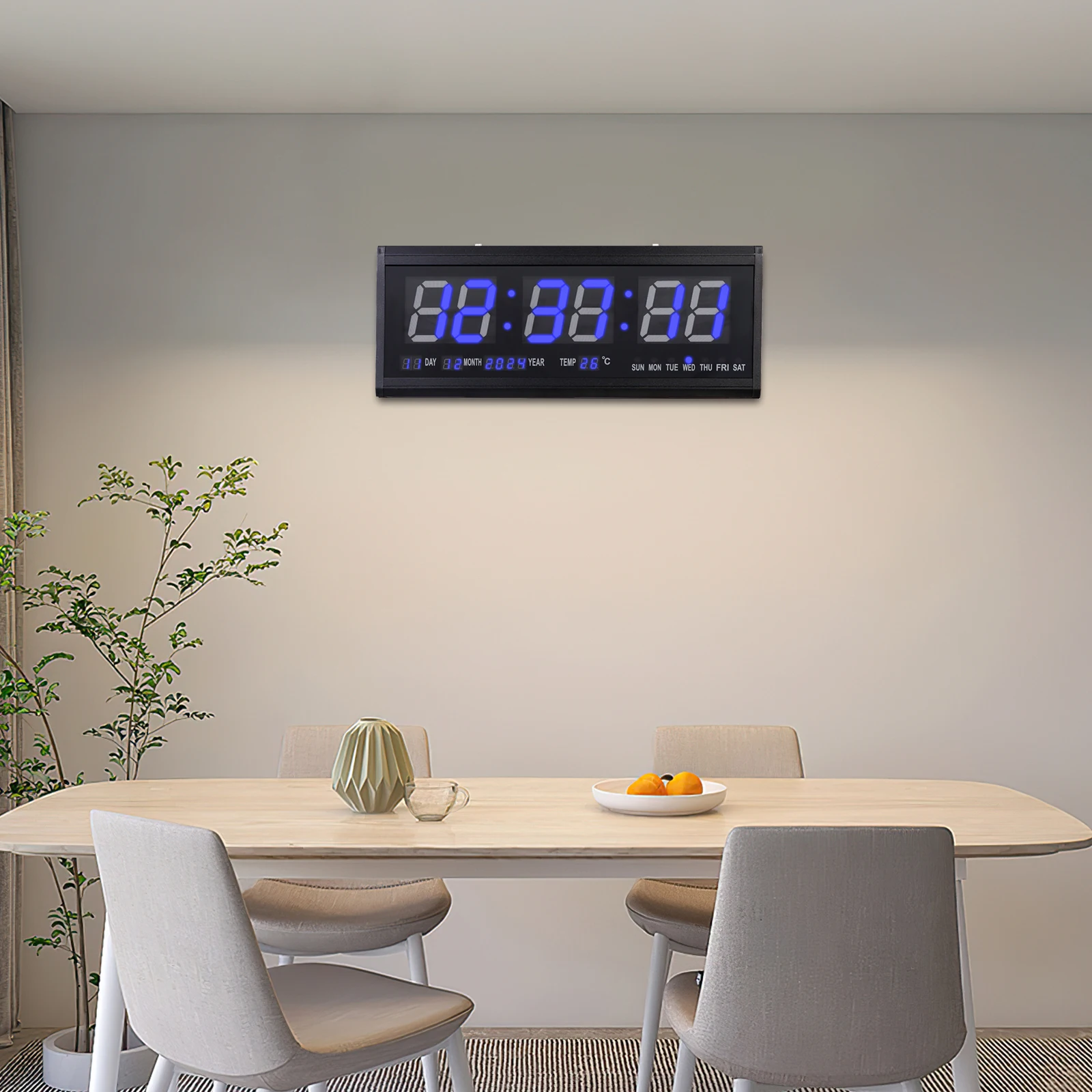 Wall Clock, Wall Clock with Date Temperature, LED Digital Wall Clock with Blue/Green Luminescent Numerals for Bedrooms