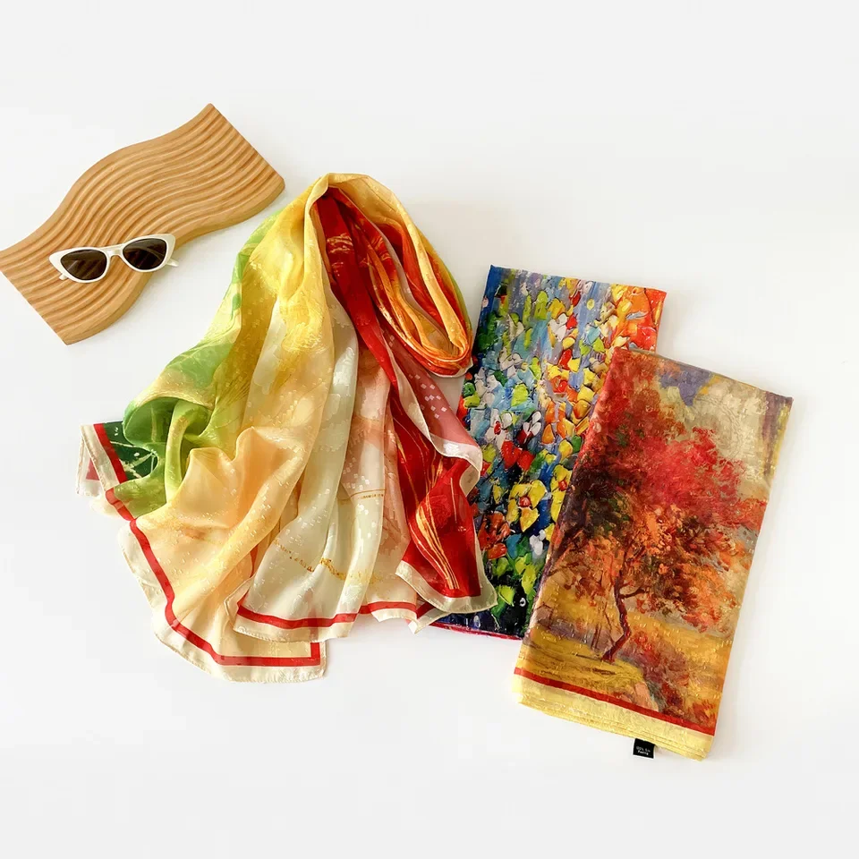 2025 ربيع جديد وشاح طويل للنساء السفر وشاح طويل الساتان الجوف طباعة شال واقية من الشمس وشاح وشاح شال بالجملة #5